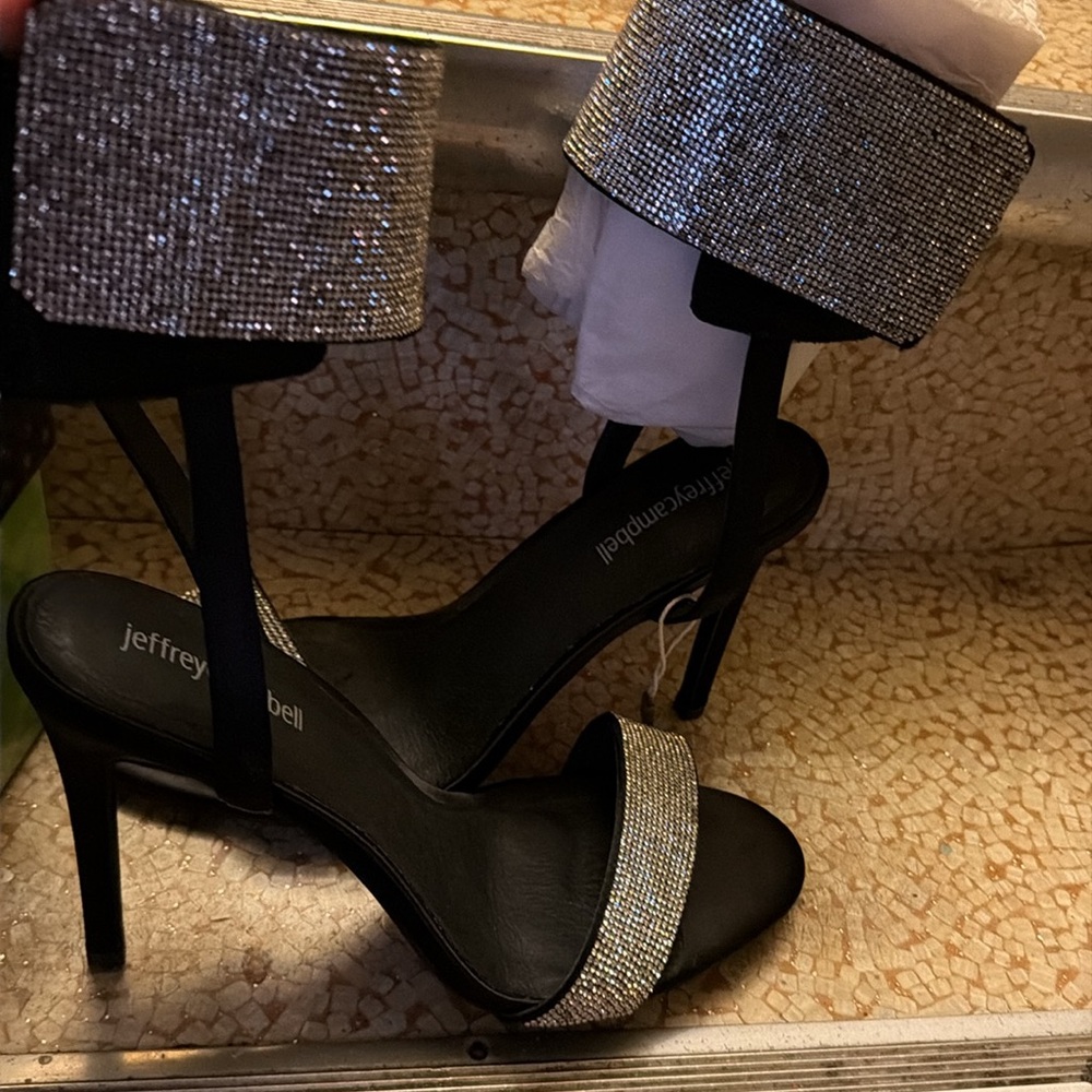Jeffrey Campbell  Black Satin Heels with Silver Crystal Straps